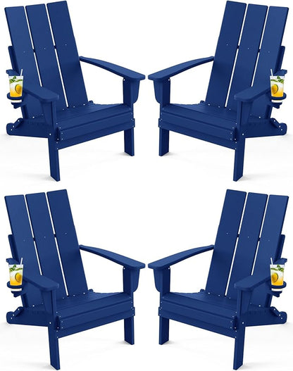 Adirondack Chair with Cup Holder Set of 4, Folding Outdoor Lawn Chair, HDPE Plastic Fire Pit Chair, Weather Resistant Patio Chairs for Deck, Porch, Backyard, Garden, Navy Blue