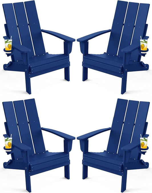 Adirondack Chair with Cup Holder Set of 4, Folding Outdoor Lawn Chair, HDPE Plastic Fire Pit Chair, Weather Resistant Patio Chairs for Deck, Porch, Backyard, Garden, Navy Blue