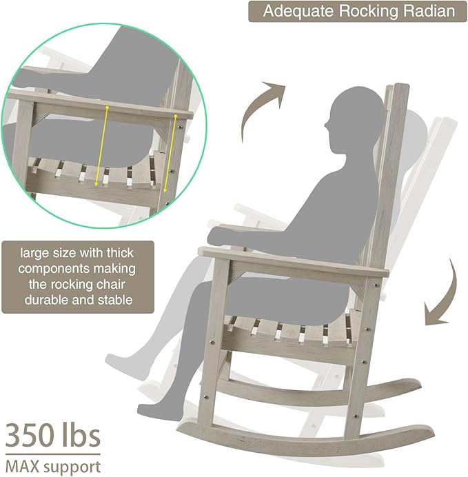 Oversized Rocking Chair, Outdoor Rocking Chair for Adults, All Weather Resistant Porch Rocker for Lawn Garden, 350lbs Weight Capacity