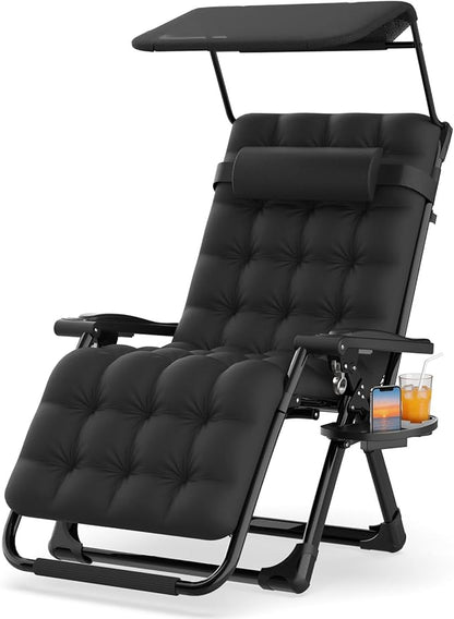 Suteck Zero Gravity Chair with Canopy, Reclining Camping Lounge Chair w/Removable Cushion, Upgraded Lock and Cup Holder, Reclining Patio Chairs Folding Recliner for Indoor and Outdoor