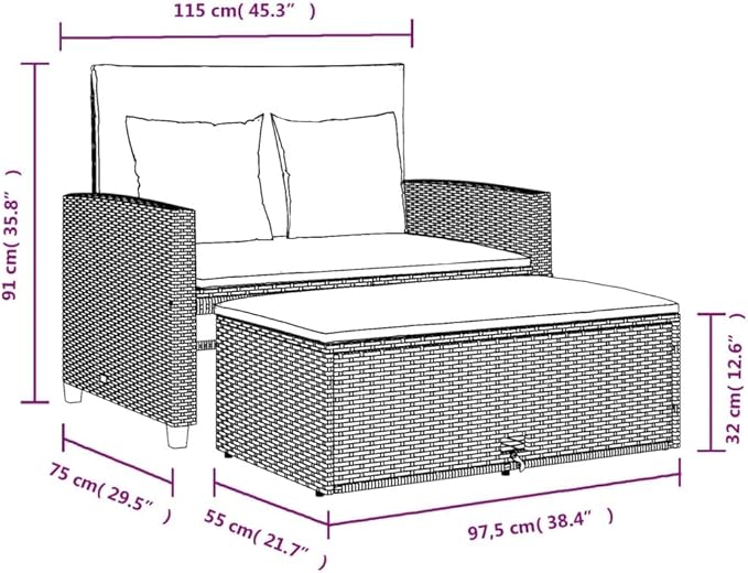 vidaXL Patio Sofa 2-Seater Garden Bench Storage Bed - PE Rattan, Black/Cream, UV-, Outdoor Lounge, 45.3"x29.5"x35.8"