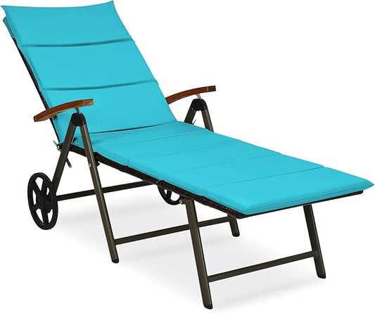 Tangkula Foldable Lounge Chair Outdoor, Wicker Chaise Lounge with Aluminum Frame, 7-Position Adjustable Reclining Pool Lounge Chairs with Wheels, Rattan Lounger with Cushion for Outside Patio Balcony