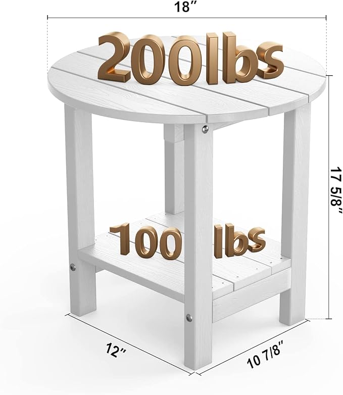 MXIMU Round Outdoor Side Table Adirondack Tables 18 Inch Chairside End Tables with Storage Shelf, 2-Tier Plastic Patio Side Table, Weather Resistant for Balcony Backyard Lawn (White, 2 Pack)
