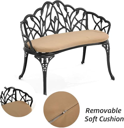 Patio Aluminum Outdoor Bench with Soft Cushion, Garden Metal Loveseat Furniture, Leaf Carving Antique Black Front Porch Chair Seat