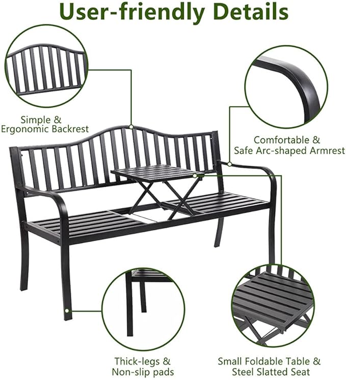 Metal Garden Bench with Pullout Middle Table Patio Seating Double Seat Steel Bench for Outdoor Patio Garden Backyard Weather-Resistant Frame-Black 2