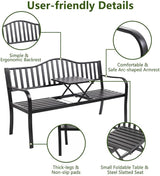 Metal Garden Bench with Pullout Middle Table Patio Seating Double Seat Steel Bench for Outdoor Patio Garden Backyard - Photo 4