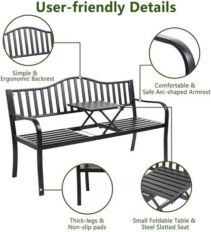 Metal Garden Bench with Pullout Middle Table Patio Seating Double Seat Steel Bench for Outdoor Patio Garden Backyard Weather-Resistant Frame-Black 2
