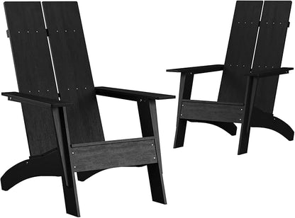 Flash Furniture Set of 2 Sawyer Modern 2-Slat Back Adirondack Chairs - Black All-Weather Poly Resin Lounge Chairs