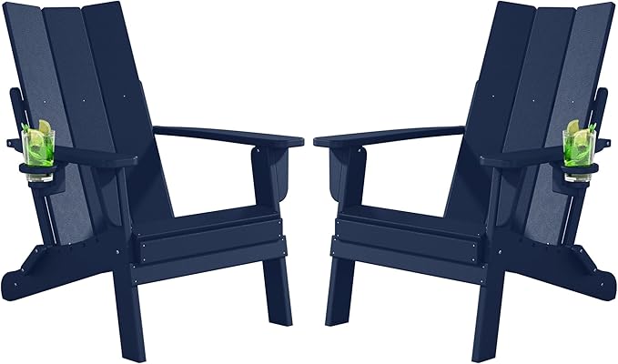 Folding Adirondack Chairs Set of 2, All-Weather Resistant HDPE Patio Firepit Chair, Sturdy Outside Chairs with Cup Holder, Pre-Installed Lawn Chairs Load Capacity 385lb, Navy Blue