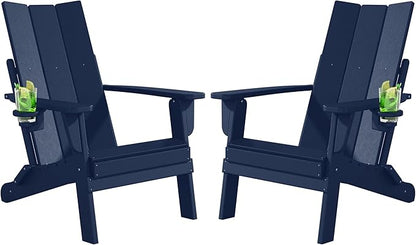 Folding Adirondack Chairs Set of 2, All-Weather Resistant HDPE Patio Firepit Chair, Sturdy Outside Chairs with Cup Holder, Pre-Installed Lawn Chairs Load Capacity 385lb, Navy Blue