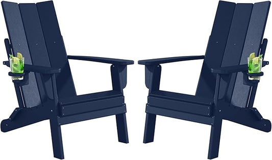 Folding Adirondack Chairs Set of 2, All-Weather Resistant HDPE Patio Firepit Chair, Sturdy Outside Chairs with Cup Holder, Pre-Installed Lawn Chairs Load Capacity 385lb, Navy Blue