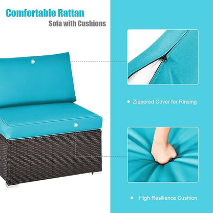 DORTALA 2 Piece Wicker Sectional Armless Chairs, Outdoor Rattan Sectional Sofa Set w/Cushions for Seat and Back, Additional Seats for Garden Balcony Patio Poolside, Turquoise