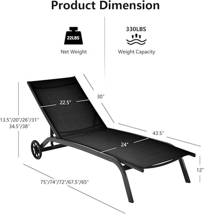 Giantex Patio Lounge Chairs for Pool Area, Outdoor Chaise Lounger with 6 Adjustable Position Smooth Wheels and Quick-Drying Fabric, Lawn Recliner for Backyard, Garden Sunbathing Chair (2, Black)