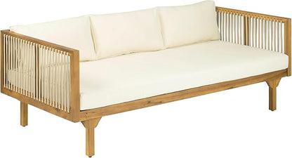 Merax Outdoor Acacia Wood Conversation Set - Patio 3-Seat Loveseat Sofa w/Coushion and Round Coffee Table for Backyard, Lawn, Balcony, Water Repellent, 600 lbs Sofa Capacity, Teak +Beige
