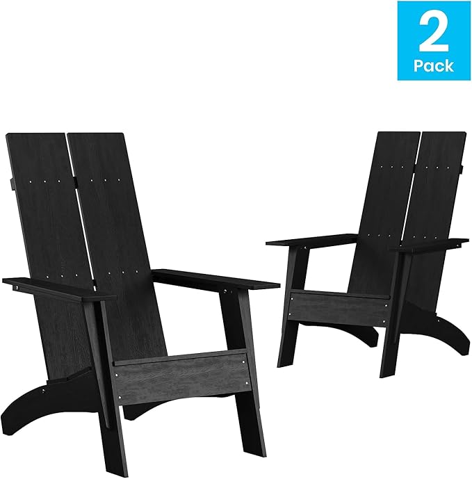 Flash Furniture Set of 2 Sawyer Modern 2-Slat Back Adirondack Chairs - Black All-Weather Poly Resin Lounge Chairs