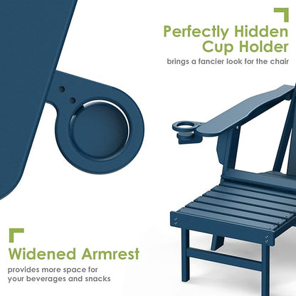GREENVINES Adirondack-Chairs-with-Ottoman | Folding | Retractable-Footrest | HDPE Plastic | All Weather Fire Pit Chair | Cup Holders | Blue | for Outdoor Poolside
