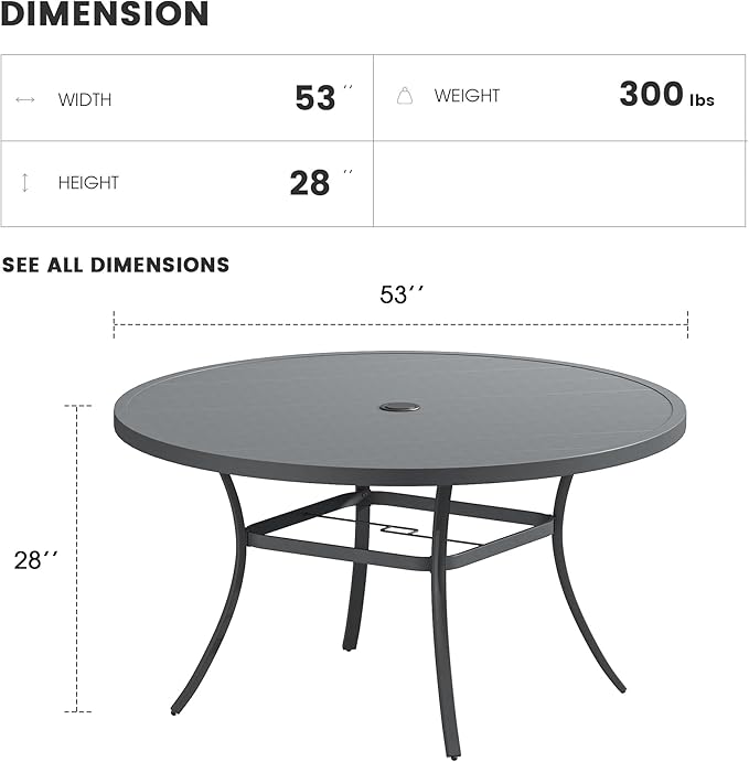 Patio Dining Table for 6-8, Round Metal Outdoor Table with 1.57" Umbrella Hole, 53" Outdoor Slat Tabletop Dining Table for Backyard, Porch, Lawn, Dark Grey