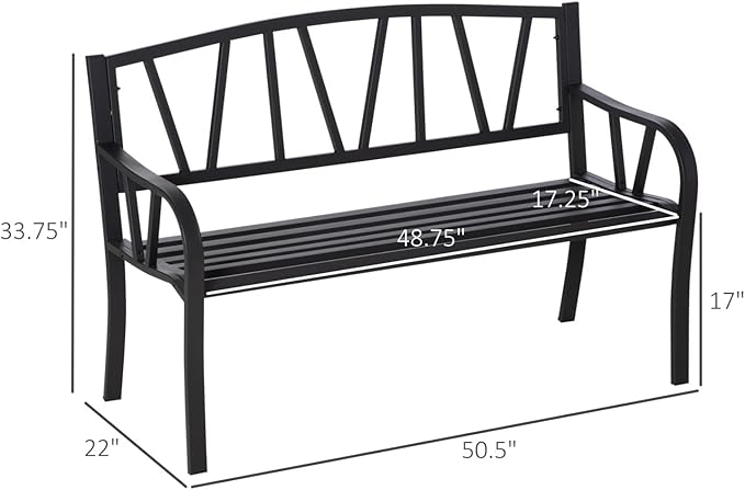 50" Metal Garden Bench, Black Outdoor Patio Bench for 2, Park-Style Comfort, Rust-Resistant with Smooth Armrests