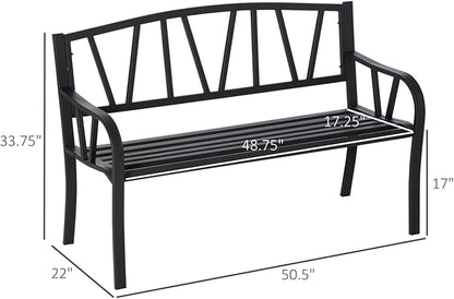50" Metal Garden Bench, Black Outdoor Patio Bench for 2, Park-Style Comfort, Rust-Resistant with Smooth Armrests