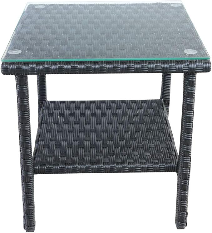 Rattaner Outdoor PE Wicker Rattan Side Table - Patio Rattan Garden Coffee End Square Table with Glass Top-2-layer Table Furniture, Black