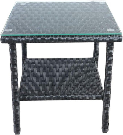 Rattaner Outdoor PE Wicker Rattan Side Table - Patio Rattan Garden Coffee End Square Table with Glass Top-2-layer Table Furniture, Black