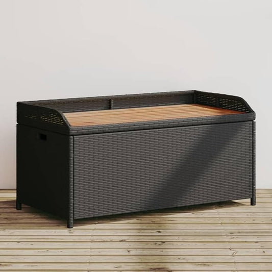 Outdoor Storage Bench with Seat 39.4 Inch, Black Poly Rattan and Acacia Wood Garden Bench, Waterproof Storage Box for Patio Furniture Cushions, Pool Towels, Weather-Resistant Durable Design