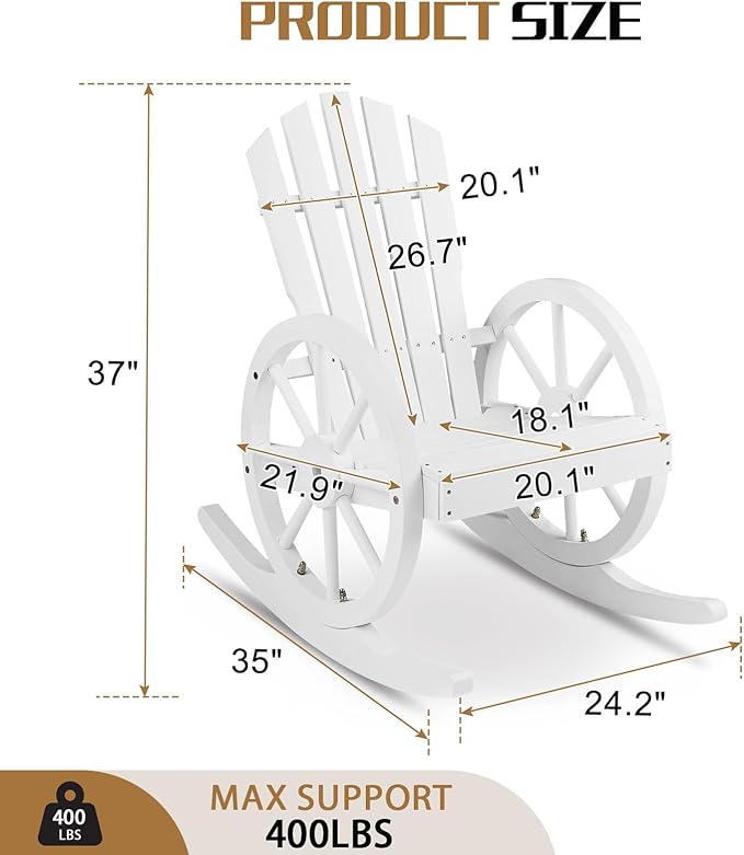 Outvita Adirondack Rocking Chair Set of 2, Wood Wagon Rocker, Outdoor Wooden Carbonized Lounge Chairs with Wheel Armrest for Garden Patio Country Yard(White