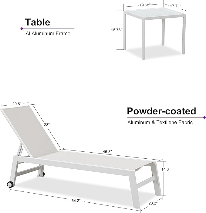 PURPLE LEAF Patio Lounge Chair 2 Pieces White Aluminum Outdoor Chaise Lounge for Pool Backyard Beach with Wheels and Table, Linen