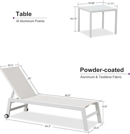 PURPLE LEAF Patio Lounge Chair 2 Pieces White Aluminum Outdoor Chaise Lounge for Pool Backyard Beach with Wheels and Table, Linen