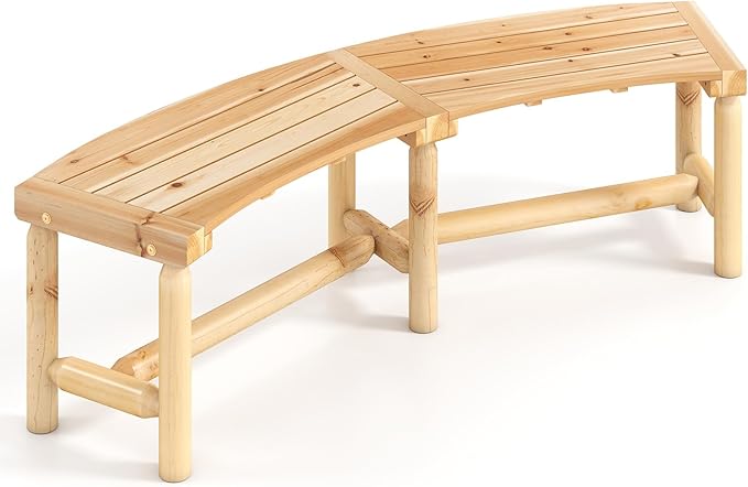 Tangkula Patio Curved Bench, Solid Wood Fire Pit Bench for 2-3 People, Outdoor Backless Loveseat for Backyard, Garden, Poolside, 800 LBS Max Load (1, Natural)