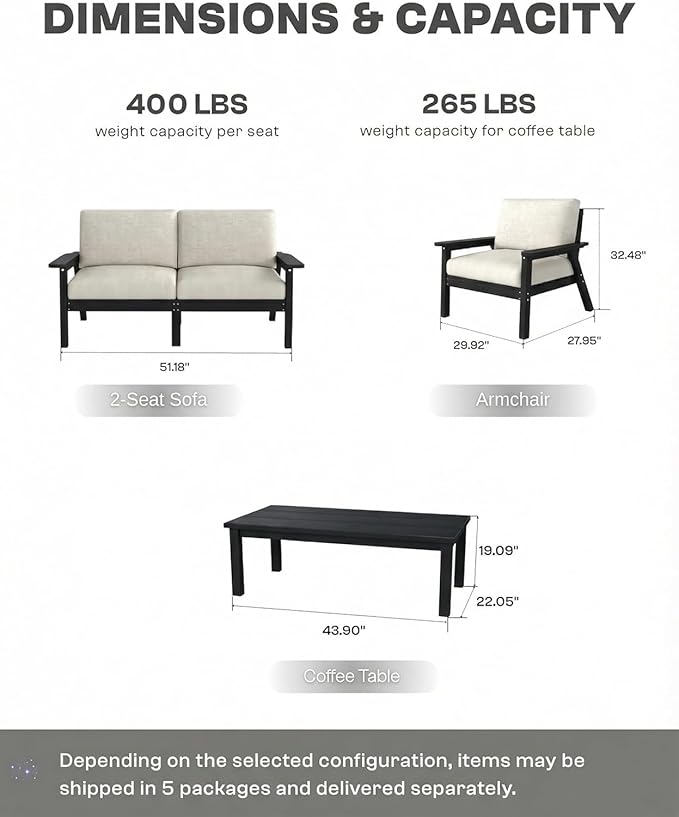 HDPE Patio Furniture Set 8 Seats, Outdoor Couch with Washable Thick Beige Cushions & Side Table, Outdoor Sectional Furniture for Backyard, Deck, Lawn, Porch (Black Frame)