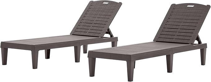 Outdoor Chaise Lounge Chair Set of 2 with 5 Position Adjustable Backrest, Water-Resistant Tanning Chair Recliner, Resin Pool Lounge Chairs for Patio, Poolside or Beach (Dark Brown)