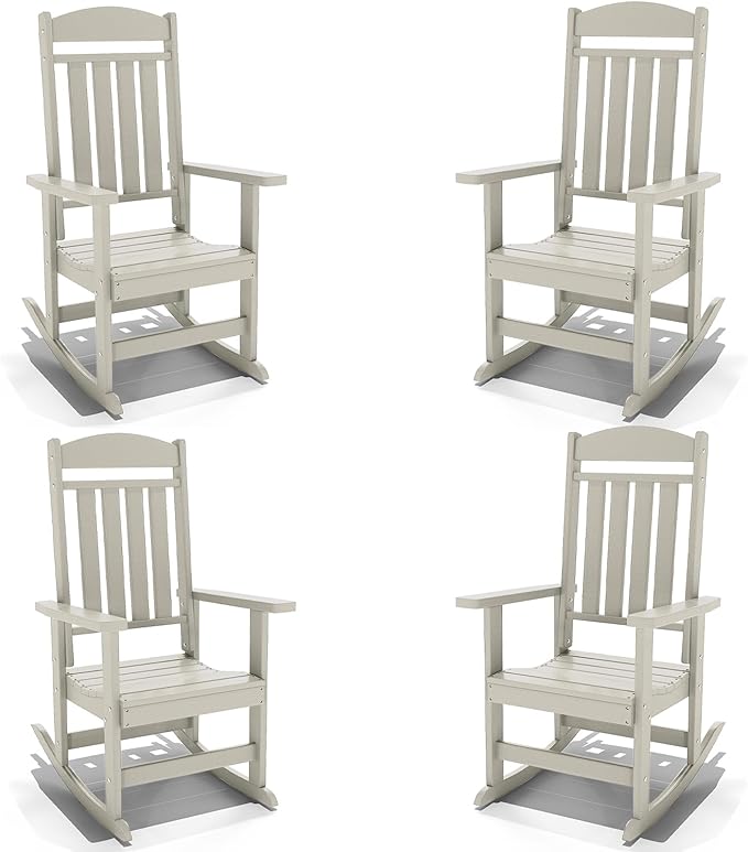 Outdoor Rocking Chairs Set of 4, Oversized High Back Patio Rocking Chairs, All Weather Porch Rocking Chairs for Outside. Sand