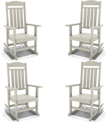 Outdoor Rocking Chairs Set of 4, Oversized High Back Patio Rocking Chairs, All Weather Porch Rocking Chairs for Outside. Sand