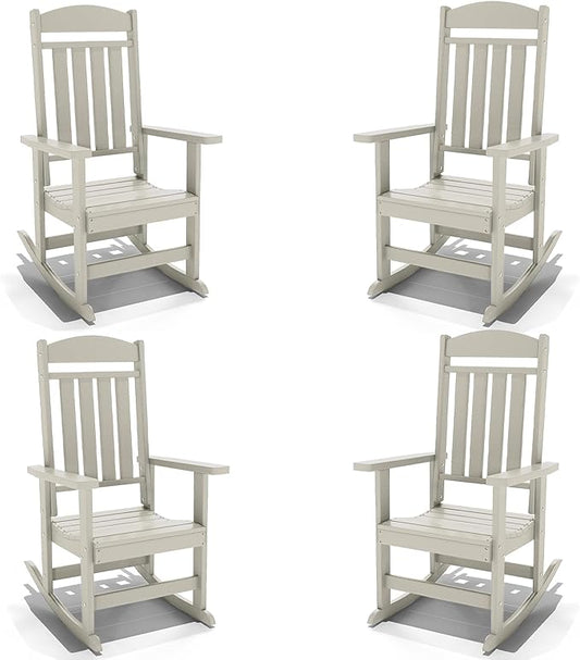 Outdoor Rocking Chairs Set of 4, Oversized High Back Patio Rocking Chairs, All Weather Porch Rocking Chairs for Outside. Sand