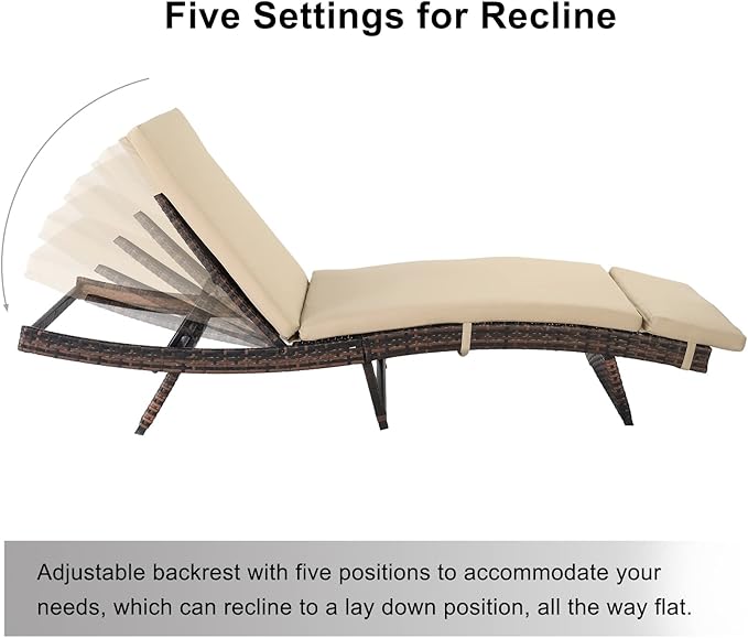 VINGLI Adjustable Patio Wicker Chaise Lounge Outdoor, Rattan Outdoor Lounge Chair, All Weather Patio Chaise Lounge with Adjustable Backrest and Soft Cushions (Brown)