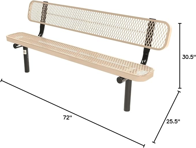COATEDOUTDOORFURNITURE Coated Outdoor Furniture Heavy-Duty Outdoor Bench Thermoplastic Coated, Expanded Metal, Commercial-Grade Seating, Made in America (Inground with Back, 6 Ft, Tan)
