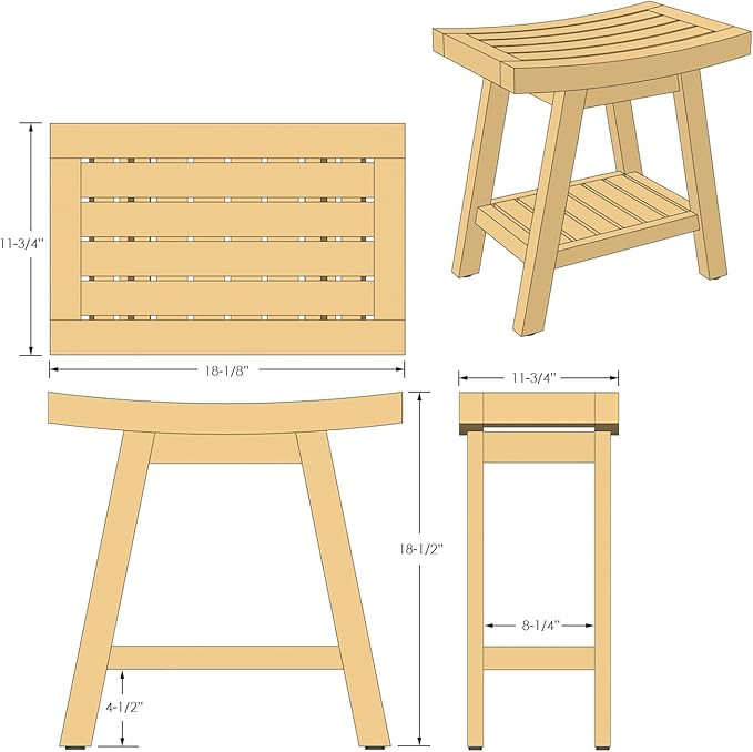 Asta Saba Solid Teak Indoor Outdoor Shower/Bath/Spa Stool Bench with Bottom Shelf, Fully Assembled, TB-115A