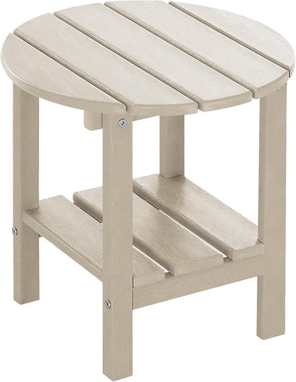 Outdoor Side Table Round - Patio Side Tables - HDPE Small Outdoor End Table for Backyard Pool Porch Balcony - Double Layer Storage - Sand (Wood Grain Finish)