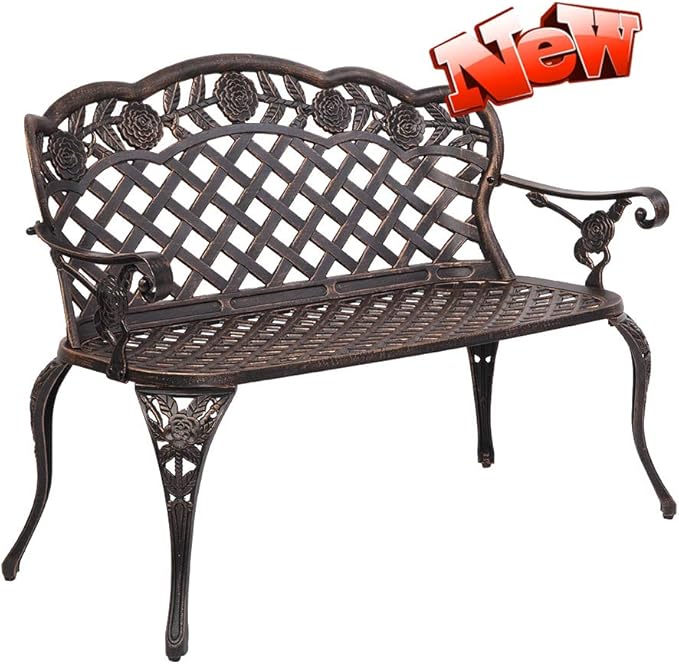 DANGRUUT Best Outdoor Metal Garden Bench, 42.5" Durable Aluminium Park Rose Bench, Antique Finish Chair 2-Person Seat for Patio Yard Deck Furniture, Load Capacity 530lbs, Bronze