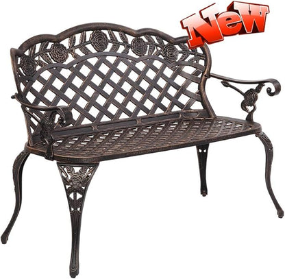 DANGRUUT Best Outdoor Metal Garden Bench, 42.5" Durable Aluminium Park Rose Bench, Antique Finish Chair 2-Person Seat for Patio Yard Deck Furniture, Load Capacity 530lbs, Bronze