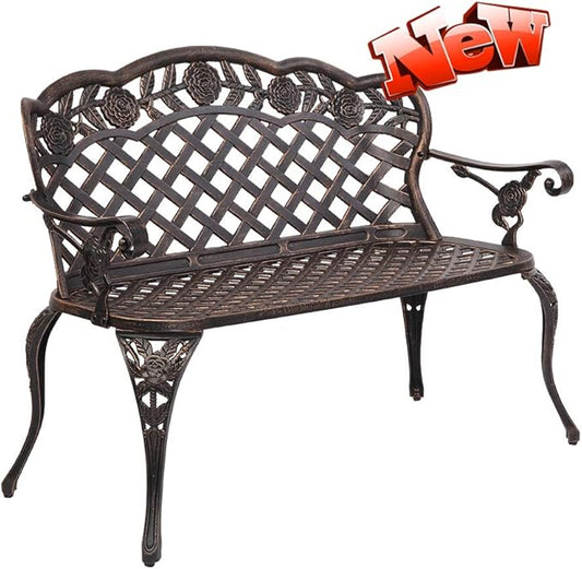 DANGRUUT Best Outdoor Metal Garden Bench, 42.5" Durable Aluminium Park Rose Bench, Antique Finish Chair 2-Person Seat for Patio Yard Deck Furniture, Load Capacity 530lbs, Bronze