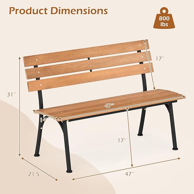 Tangkula Acacia Wood Outdoor Bench with Backrest, Patio Loveseat with Heavy Duty Metal Frame, Slatted Backrest and Seat, Park Bench for Outside Front Porch, Garden and Backyard