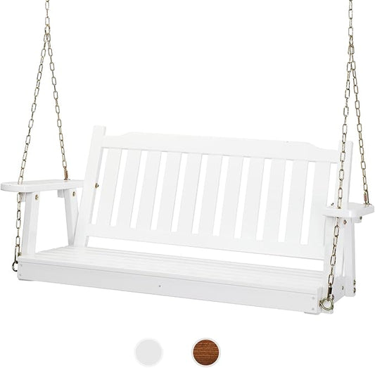 VINGLI Upgraded Heavy Duty 880 LBS 4 FT Patio Wooden Porch Swing Solid Fir Wood, Outdoor Handing Swing Bench for Garden | Yard | Balcony | Tree, White
