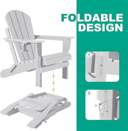 Adirondack Chairs Set of 2 with Cushions & Cup Holders, HDPE Weather Resistant Folding Adirondack Chair for Adults, Outdoor Fire Pit Chairs for Patio/Porch/Swimming Pool/Garden (2, White)