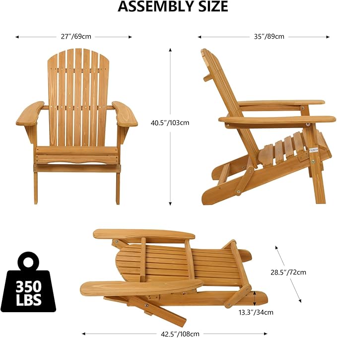 VINGLI Wooden Folding Adirondack Chairs Set of 2 for Outdoor, All Weather Foldable Fir Pit Chairs Clearance Patio Lounge Chairs for Lawn Garden Poolside, Capacity 350LBS