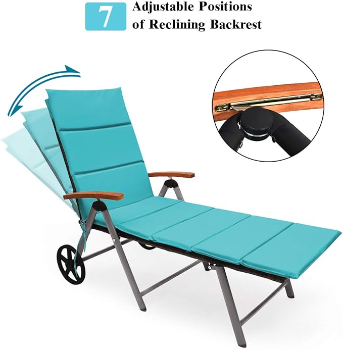 COSTWAY Folding Rattan Lounge with Wheels, Aluminum Patio Lounger with 7 Adjustable Positions, Soft Cushion - Photo 7