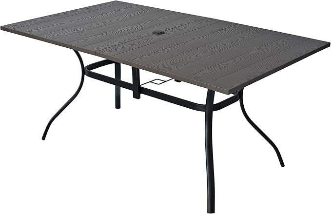 Outdoor Rectangle Dining Table 6-Person with 1.57" Umbrella Hole Metal Steel Backyard Bistro Table for Garden, Poolside, Backyard, Brown