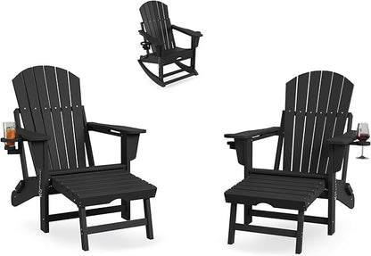 Rocking Adirondack Chairs Set of 2, Folding Adirondack Rocking Chair With Footrest, Adirondack RockingChair Outdoor With Retractable Ottoman and Cup Holder
