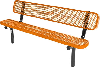 COATEDOUTDOORFURNITURE Heavy-Duty Outdoor Bench Thermoplastic Coated, Expanded Metal, Commercial-Grade Seating, Made in America (Inground with Back, 6 Ft, Textured Orange)
